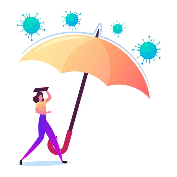 Female Character Under Huge Umbrella Protecting from Attacking Coronavirus Cells. Covid19 Insurance Concept. Woman Protect Health of Disease, Covering Head with Policy. Cartoon Vector Illustration — Stock Vector