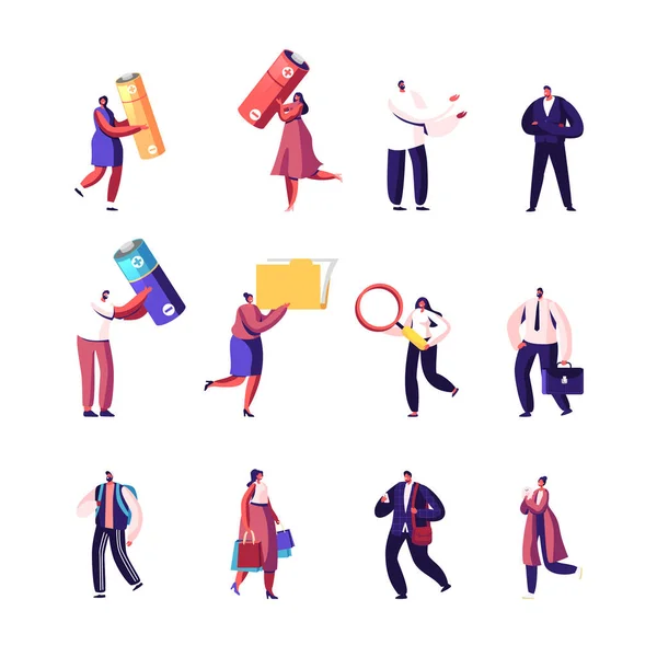 Set of Male and Female Characters Carry Huge Batteries, Office Folder with Documents and Magnifying Glass, Businessman with Briefcase, Woman with Shopping Bags Cartoon People Vector Illustration — стоковий вектор