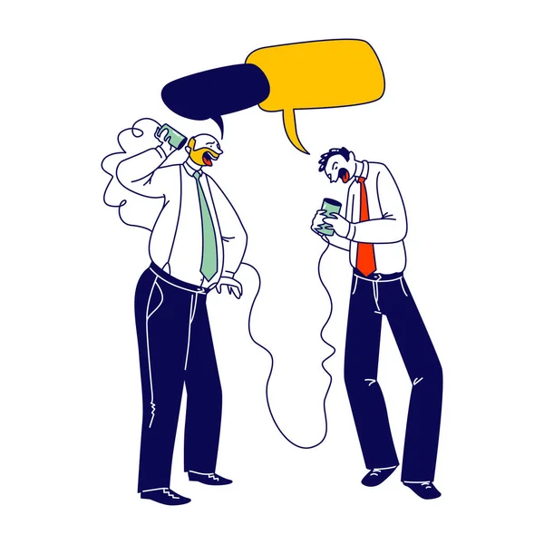 Affärsmän tecken talar av vintage döv telefon eller kan telefon gjord av tenn burkar Ansluten med rep eller strängar. Kommunikation, Retrosändare. Linjära människor vektor Illustration — Stock vektor
