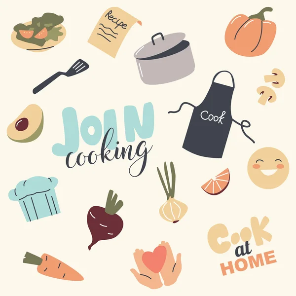 Set of Cooking Icons Apron, Pan and Toque, Recipe Paper Sheet, Pumpkin and Beetroot with Carrot, Onion, Smiling Face and Turner with Avocado, Lemon Slice and Mushrooms. Linear Vector Illustration — Stock Vector