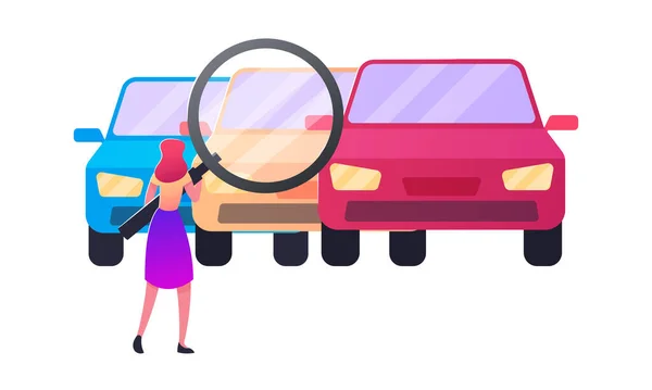 Mujer mirando coches a través de la lupa enorme, personaje del consumidor que elige auto para comprar. Transporte Servicio al por menor, Mercado de Conductores, Concepto de Compra de Vehículos. Ilustración de vectores de dibujos animados — Vector de stock