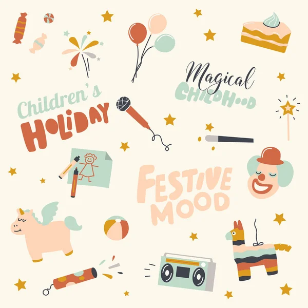 ( 영어 ) Set of Children Holiday, Birthday Party Icons Balloon, Festive Cake and Microphone for Karaoke, Slap Stick, Unicorn, and Pinata with Tape Recorder. 광대, 지팡이, 그리고 불꽃놀이. 비유적 인 벡터의 예 — 스톡 벡터