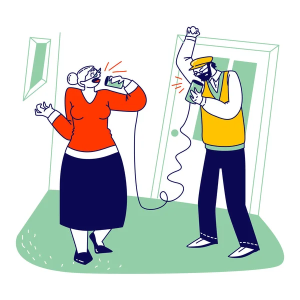 Starsze postacie Mówiąc przez głuchy telefon lub telefon Can wykonane z puszki słoiki połączone liną lub sznurkiem. Komunikacja z ludźmi w podeszłym wieku, dzielenie się plotkami, Retro Nadajnik. Liniowa ilustracja wektora — Wektor stockowy