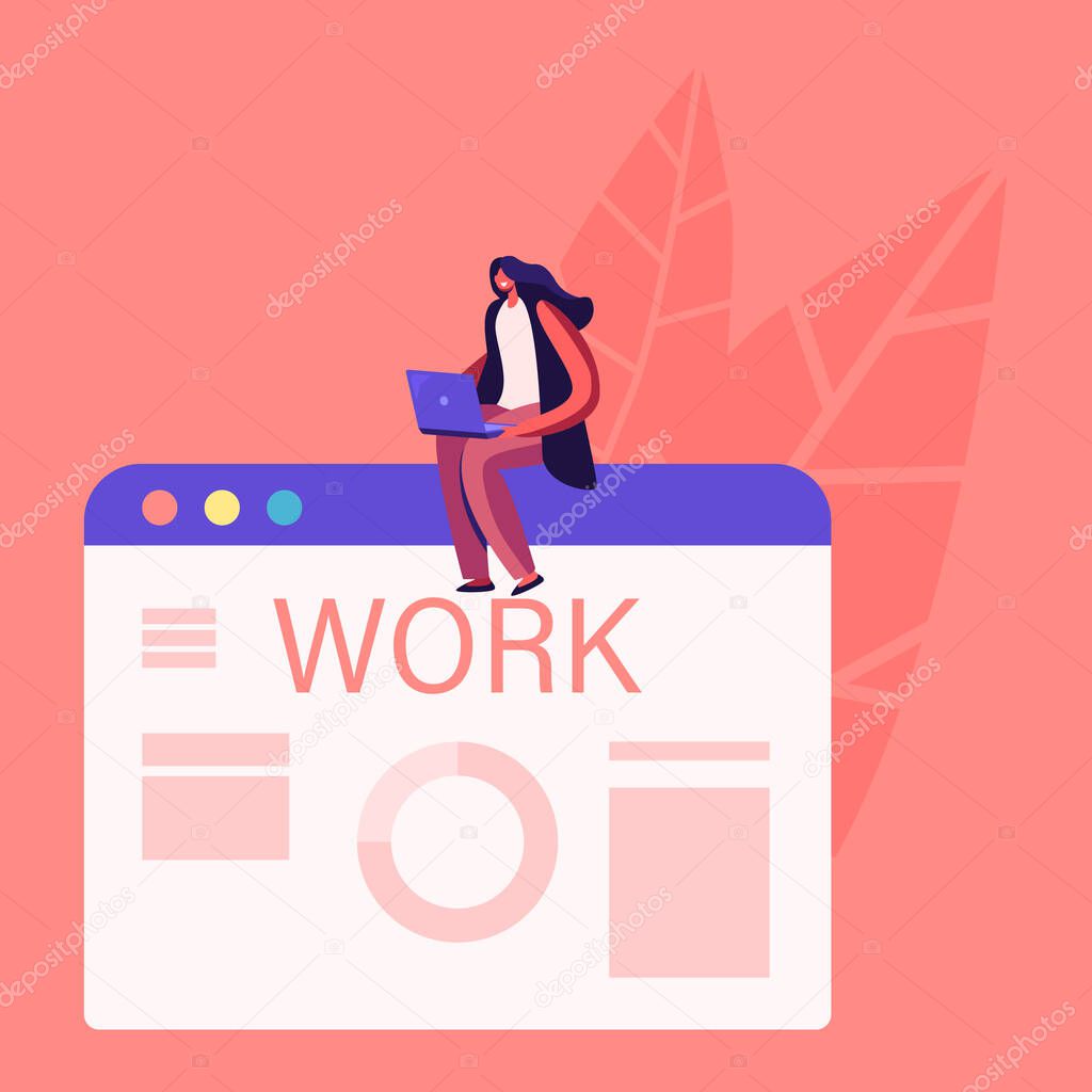 Job Interview and Human Resources Concept. Woman with Laptop Searching New Job Sending CV and Publishing Ads Online. Character Using Internet Application Resource, Working. Cartoon Vector Illustration