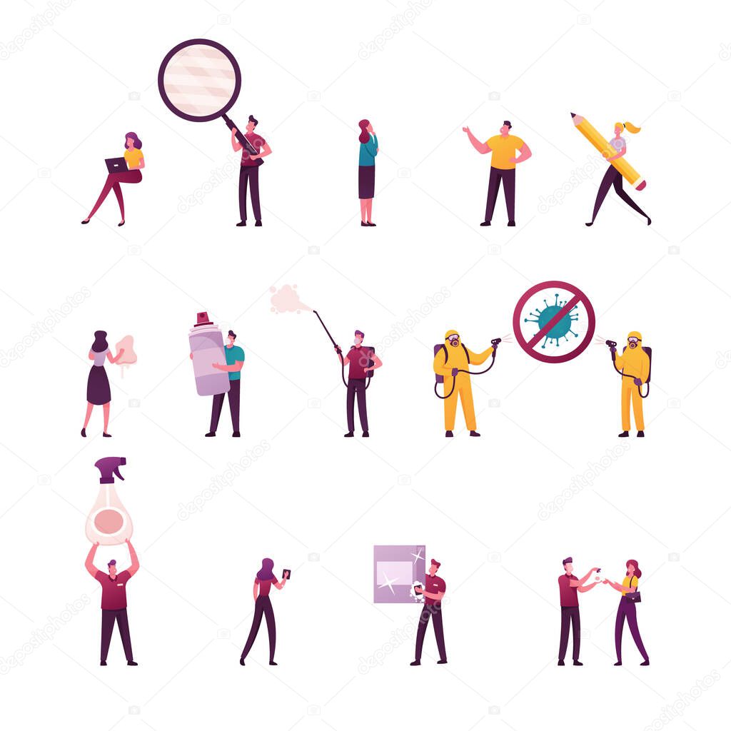 Set of Tiny Male and Female Characters with Huge Magnifying Glass, Pencil and Aerosol, People with Sanitizers Cleaning and Washing Hands, Coronavirus Cell Disinfection. Cartoon Vector Illustration