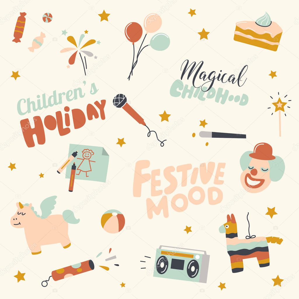 Set of Children Holiday, Birthday Party Icons Balloon, Festive Cake and Microphone for Karaoke, Slap Stick, Unicorn and Pinata with Tape Recorder. Clown, Wand and Fireworks. Linear Vector Illustration