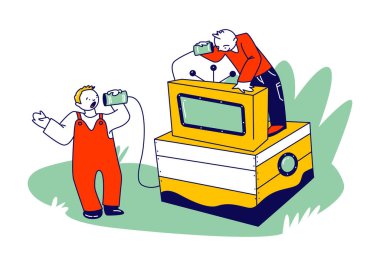 Retro Sağır Telefonu 'ndan Çocuk Karakterler Konuşuyor ya da Tin Jars Connected with Rope Looking on Vintage TV seti. İletişim, geçmişteki teknolojiler. Doğrusal İnsanlar Vektör İllüstrasyonu