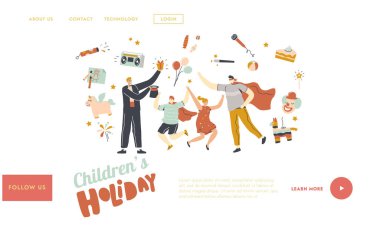 Çocuklar için Eğlence Programı İniş Şablonu. Animatör Karakterleri Çocuk Doğum Günü Partisi 'nde Çocukları Eğlendiren Sihirli Numaralar Yapan ve Süper Kahraman Oynayan. Doğrusal İnsanlar Vektör İllüstrasyonu