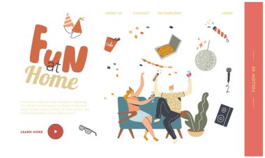 Friends Company Yedek Zaman, Kutlama İniş Sayfası Şablonu. Gençler ev partisini kutluyor oturma odasında oturup pizza yiyor, kola ya da alkol içiyor. Doğrusal Karakterler Vektör İllüstrasyonu