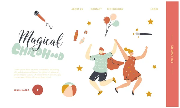 Παιδικό πάρτι, εορτασμός γενεθλίων Προσγείωση πρότυπο σελίδας. Happy Kids Χαρακτήρες Χορεύουν και πηδούν με τα χέρια ψηλά. Φίλοι Αγόρι και Κορίτσι Γιορτάστε την εκδήλωση με Animator. Γραμμική απεικόνιση διανυσματικών ατόμων — Διανυσματικό Αρχείο