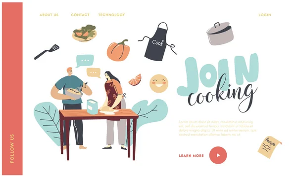 Personaggi della famiglia che cucinano insieme rendendo Bakery Landing Page Template. Impastare la pasta, impastare le uova. Felice giovane coppia famiglia, cucinare cibo in cucina. Illustrazione vettoriale delle persone lineari — Vettoriale Stock