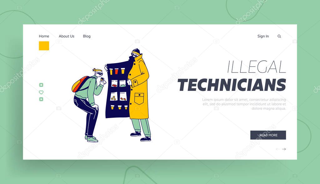 Man Buying Prohibited Drugs on Illegal Market Landing Page Template. Retailer Gangster Character Sell Drugs to Young Male Customer. Commercial Channel Concept. Linear People Vector Illustration