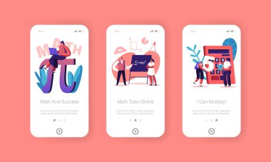 Matematik Bilimi Mobil Uygulama Sayfası Ekran Şablonu Laboratuvarda ya da Okul Sınıfında Matematik Öğrenen Küçük Öğrenciler Karakterleri. İnsanlar eğitim alır ve Formula Konsepti yazar. Çizgi film Vektör İllüstrasyonu