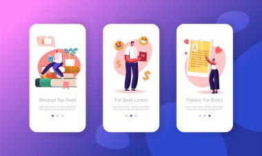 Karakterler Okuma ve Çalışma Mobil Uygulama Sayfası Ekran Şablonu. Küçük Öğrenciler Rafta Büyük Kitaplarla İncelemeye Hazırlanıyor. Okuma ve Eğitim Konsepti. Çizgi film İnsanları Vektör İllüstrasyonu