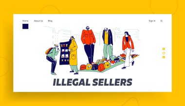 Yasadışı Satıcılar Karakterleri İş İniş Sayfa Şablonu. Kaçakçılar karaborsada satıyor. Pelerin satıcısı, güneş gözlüklü krupiye, Şapka ve Paltolu Şov Malzemeleri, içki kaçakçıları. Doğrusal İnsanlar Vektör İllüstrasyonu