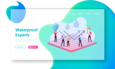 Suya dayanıklı Giysi İniş Sayfası Şablonu. Minik Karakterler, Şemsiye ve Düşen Yağmur Damlaları ile Dev Su geçirmez Kaplama 'nın üzerinde duruyor. Yeni Teknoloji, hamile bırakılmış kumaş. Çizgi film İnsanları Vektör İllüstrasyonu