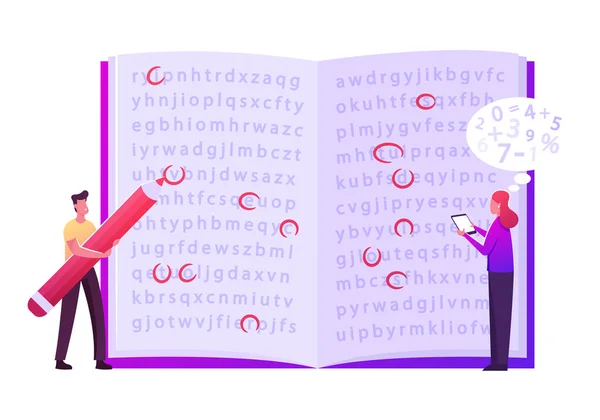 Info Encryptie, Codering. Kleine mannelijke vrouwelijke personages staan op enorme open boek met tekst, Man markeren brieven met rood potlood, vrouw Voer informatie in mobiel. Cartoon People Vector Illustratie — Stockvector