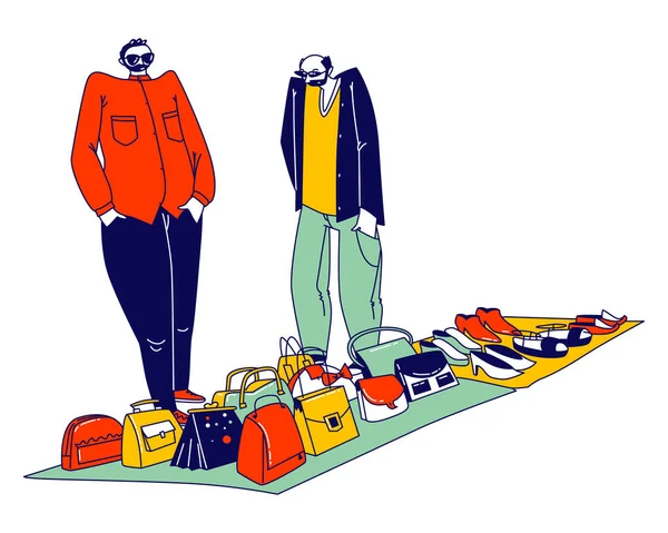 Couple of Illegal Sellers Offer Assortment of Women Bags, Shoes and Accessories on Illegal or Flea Market. Hucksters Male Characters of Suspicious Appearance Sale. Linear People Vector Illustration — Stock Vector