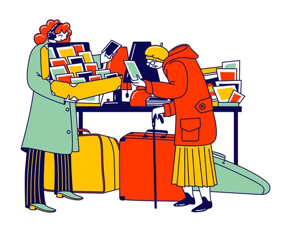 Senior Lady Look Vintage Postcards on Flea Market. Aged Character Shopping on Garage Sale Choose and Buy Old Antique Things. Seller Offer Second Hand Stuff to Client. Linear People Vector Illustration — Stock Vector