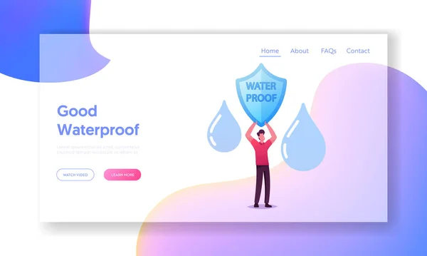 Tecnologie impermeabili e resistenti all'acqua per fibra e abbigliamento Landing Page Template. Piccolo scudo per caratteri maschili con iscrizione a prova d'acqua e gocce cadenti. Illustrazione del vettore del fumetto — Vettoriale Stock