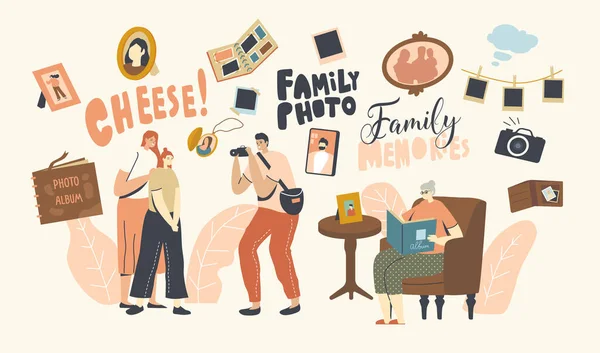 Familie foto concept. Moeder en dochter personages bezoeken Salon voor het maken van fotografie. Senior vrouw zit met album in handen naar foto 's uit het verleden te kijken. Lineaire People Vector Illustratie — Stockvector