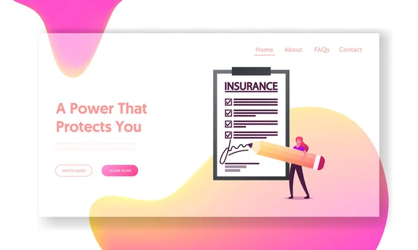 Coronavirus, hälsa eller egendomsskydd Landning Page Template. Liten kvinnlig karaktär underteckna enorma försäkring. Säkra begreppet finansiellt garantiavtal. Klienttecknad vektor Illustration — Stock vektor