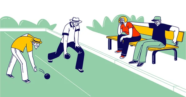 Senior människor spelar Bocce eller Lawn Bowling tävlar med varandra. Marknivå Skott, Äldre Vänner Karaktärer Spelar Boule i Park utomhus område Njuter av Spare Time. Linjär vektorillustration — Stock vektor