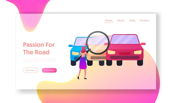 Caractère consommateur Choisir Auto pour acheter Landing Page Template. Woman Looking on Cars through Huge Magnifying Glass, Transport Retail Service, Vehicle Drivers Market. Illustration vectorielle de bande dessinée — Image vectorielle