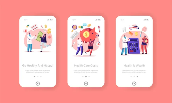 2018 년 5 월 1 일에 확인 함 . Health Care, Medicine Price Mobile App Page Onboard Screen Template. 작은 캐릭터들은 거대 한 돼지 은행을 운영 한다. 의료 비용, 의사에게 지불하는 사람들, 패밀리 예산 컨셉. 카툰 Vector Illustration — 스톡 벡터
