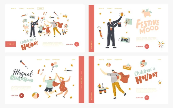 Divertimento Mostrar Landing Page Template Set. Personagens animadores entretendo crianças na festa de aniversário da criança realizando truques mágicos e desempenhando o papel de super-herói. Ilustração vetorial de pessoas lineares — Vetor de Stock