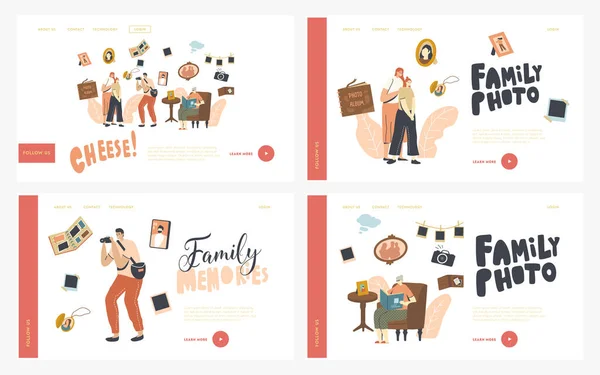 Family Photo Landing Page Template Set (em inglês). Personagens de Mãe e Filha Visite o Salão Faça Fotografia. Senior Woman Sit with Album in Hands Watching Pictures from Past (em inglês). Ilustração vetorial de pessoas lineares — Vetor de Stock