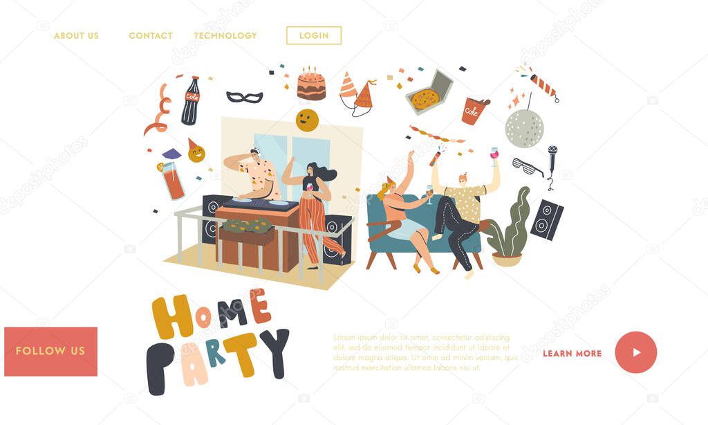 Birthday, Home Party or Festive Event with Dj Music Landing Page Template. Characters with Wine Glasses Celebrate Holiday Drinking Alcohol Cocktail and Communicating. Linear People Vector Illustration