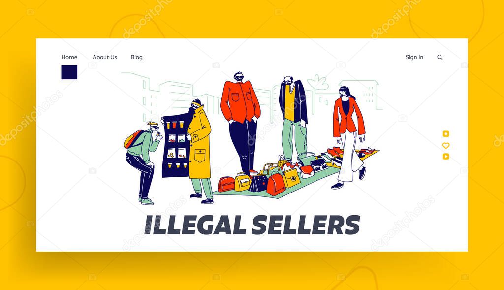 Illegal Sellers Characters Business Landing Page Template. Smugglers Sell on Black Market. Cloak-seller, Dealer in Sunglasses, Hat and Coat Show Goods, Bootleggers. Linear People Vector Illustration