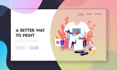 Tshirt Yazdırma, Diy Hobby Atölyesi İniş Sayfa Şablonu. Minik Karakterler, Büyük Beyaz Tişört Üzerine Çilek Boyayan Merdiven Üzerinde Duruyor. İnsanlar El Yapımı Giysi Tasarımı Oluşturdu. Çizgi film Vektör İllüstrasyonu