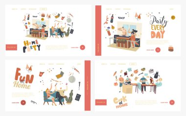 Ev Partisi veya Dj Müzik İniş Sayfa Şablonu Ayarlı Olay. Şarap kadehli karakterler doğum gününü kutluyor, alkol kokteyli içiyor ve iletişim kuruyor. Doğrusal İnsanlar Vektör İllüstrasyonu