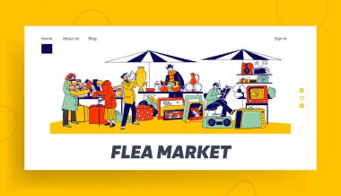 Açık Retro Bazaar İniş Sayfa Şablonu. Antika Alışverişi için Bit Pazarı 'nı ziyaret eden karakterler. Satıcılarla Garaj Satışı Satın Alınacak Eski Şeyleri Sunar. Doğrusal İnsanlar Vektör İllüstrasyonu