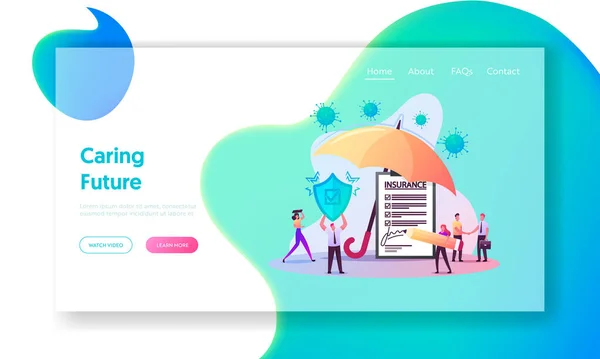 Coronavirus försäkring landning sida mall. Tiny Characters signerar hälsopolicyn under enorma paraply. Man som har skyddssköld, medicinskt skydd, garanti. Tecknad människor vektor Illustration — Stock vektor