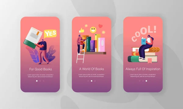 Olvasás és oktatás Mobile App Page Képernyő Sablon. Apró karakterek a polcon hatalmas könyvekkel. Az emberek olvasni és tanulni, Felkészülni a vizsgára, Tudás koncepció. Rajzfilm vektor illusztráció — Stock Vector