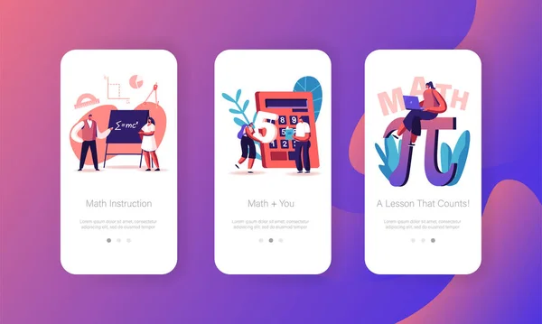 Ensino Superior na Universidade, Faculdade Mobile App Page Onboard Screen Template. Tiny Teacher Character Explain Mathematics Formula to Student, Math Science Concept (em inglês). Desenhos animados Pessoas Vector Ilustração — Vetor de Stock