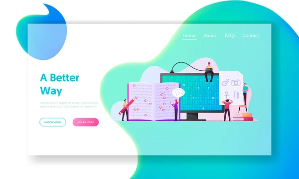 Informação Codificação Landing Page Template. Personagens minúsculos no monitor de computador enorme com código binário, pessoas marcando letras no texto do livro para criptografar dados, espionagem. Desenhos animados Vector Ilustração — Vetor de Stock