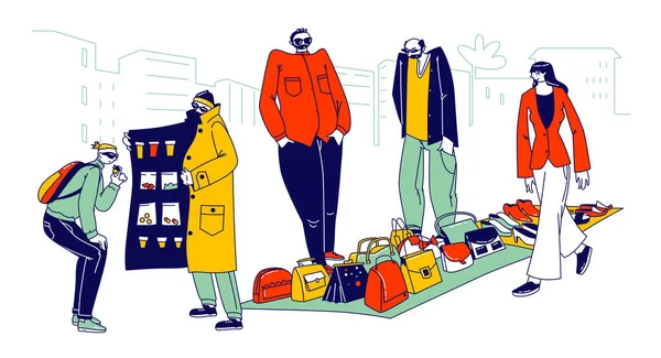 Illegal Sellers Characters Business Concept. Smugglers Selling Illegally on Black Market. Cloak-seller, Dealer in Sunglasses, Hat and Coat Show Goods, Bootleggers. Linear People Vector Illustration — Stock Vector