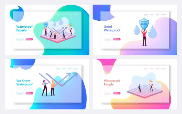 Wodoodporne ubrania Landing Page Szablon zestaw. Małe znaki na ogromny dowód wodny powlekania parasolem i spadające krople deszczu. Nowa technologia, impregnowana tkanina. Ilustracja wektor ludzi z kreskówek — Wektor stockowy