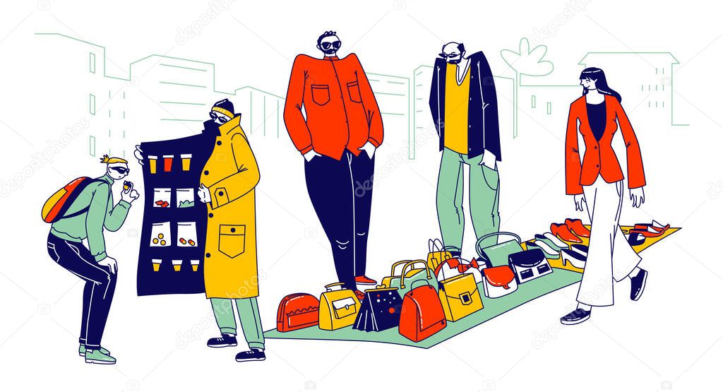 Illegal Sellers Characters Business Concept. Smugglers Selling Illegally on Black Market. Cloak-seller, Dealer in Sunglasses, Hat and Coat Show Goods, Bootleggers. Linear People Vector Illustration