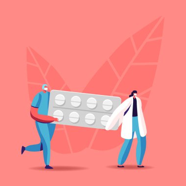 Sağlık ve İlaç Endüstrisi Konsepti. Küçük Eczacı Karakterleri Eczanede ya da Eczanede Büyük İlaçlar Taşır. Remedy Prodüksiyon 'dan Kimyager. Çizgi film İnsanları Vektör İllüstrasyonu