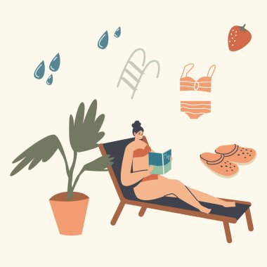 Bikini 'de bilardo masasında oturan kadın. Bilardo ya da Beach Read' de ilginç bir kitap. Kadın karakterler kitap kurdu dışarıda egzotik bir tatil beldesinde vakit geçiriyor. Boş zamanların tadını çıkarıyor. Doğrusal Vektör İllüstrasyonu