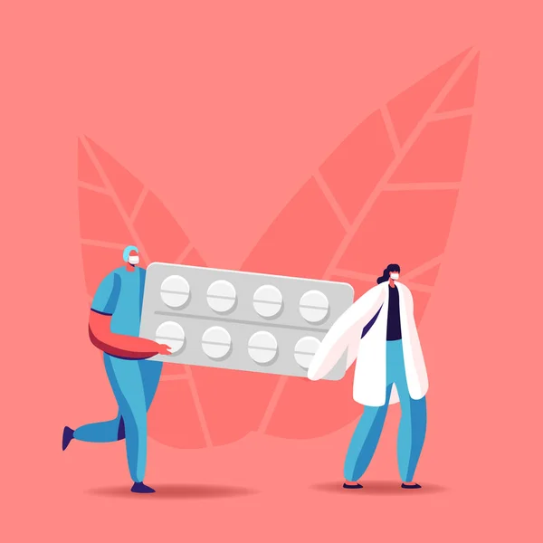 Hälso- och sjukvård och medicin Läkemedelsindustrin koncept. Tiny Pharmacist Characters Bär enorma läkemedel Blister i apotek eller apotek. Kemist med botemedel Produktion. Tecknad människor vektor Illustration — Stock vektor