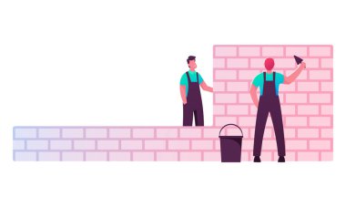 İnşaatçı Erkek Karakterler Üniformalı Şövalye Tuğla Duvarı Tamamlandı ve Çalışmanın Sevinçleri İçin Beton Döşedi. İnşaat alanında çalışan erkek mühendisler. Çizgi film İnsanları Vektör İllüstrasyonu