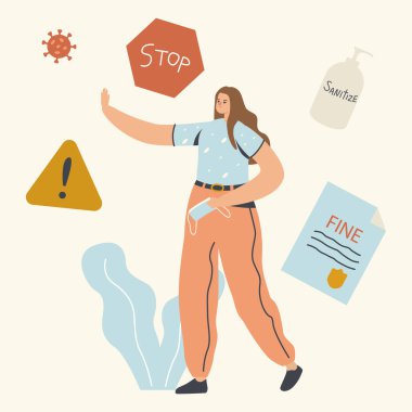 Covid19 Pandemik Karantina sırasında, Eldeki Tıbbi Maskeli Kadın Penis Durdurma Hareketi. İhlal Salgını İzolasyon Kuralları 'ndan dolayı insanlar iyileşiyor. Doğrusal Vektör İllüstrasyonu