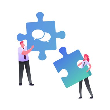 Ofis Karakterleri Ayrı Bulmaca Parçalarını Düzenlemek İçin Birlikte Çalışıyor. İş Adamları Birlikte Çalışıyor ya da Dış Kaynaklar Ekip İşbirliği, Toplu Çalışma, Ortaklık. Çizgi film İnsanları Vektör İllüstrasyonu