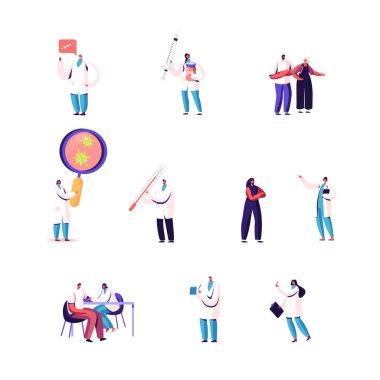 Bir grup Doktor ve Hasta Erkek ve Kadın Karakterler. Minik Hastane personelinin elinde kocaman tıbbi aletler şırıngası, içinde ilaç şişeleri ve virüs hücreleri olan büyüteç var. Çizgi film İnsanları Vektör İllüstrasyonu